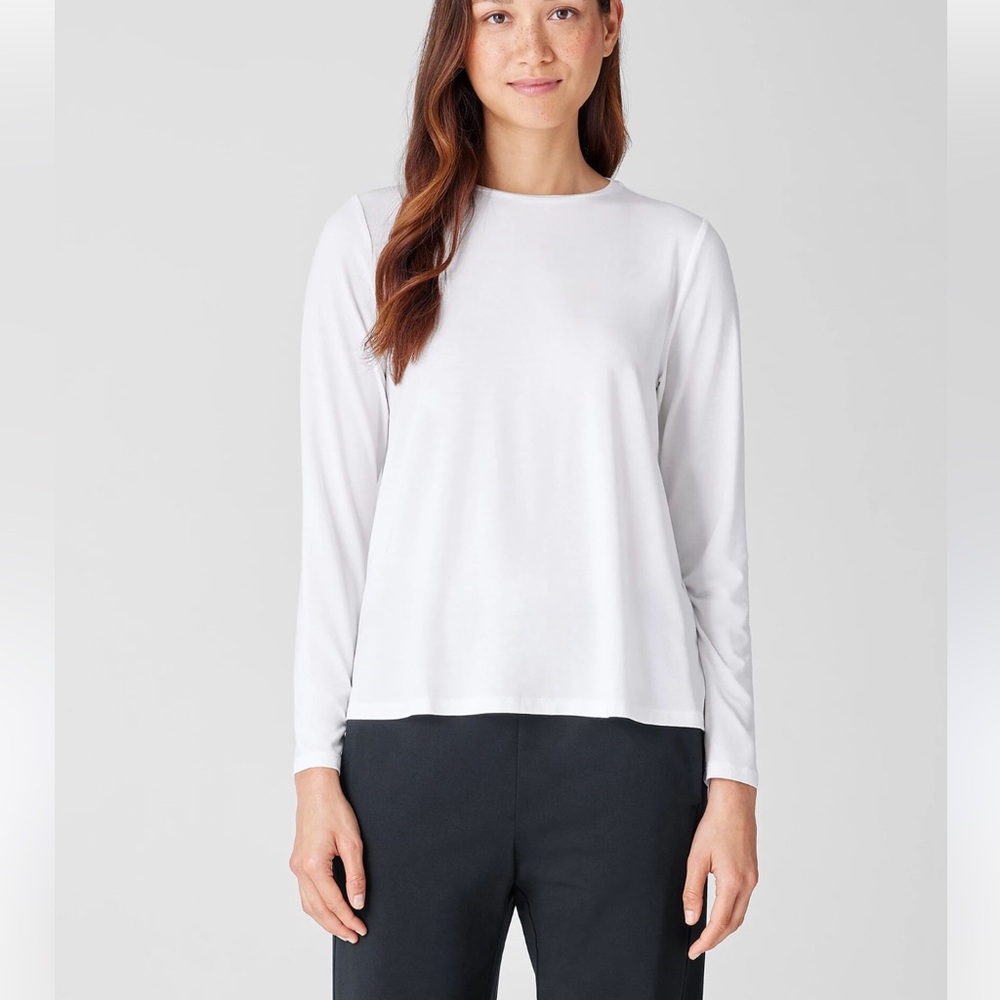 Eileen Fisher Fine Jersey Crew Neck White Long Sleeve Top